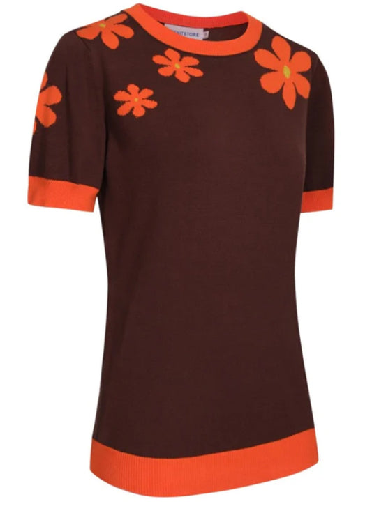 Women's Orange Flowers Short Sleeve Knit T Shirt Medium